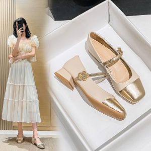 รองเท้าส้นแบน Mary Janes ส้นสูงสำหรับผู้หญิงในช่วงฤดูร้อนปี 2025 รองเท้าส้นแบนหนังแท้สไตล์ฝรั่งเศสแบบสวมหัวเหลี่ยม พื้นรองเท้าทำจากยาง