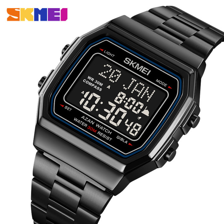 SKMEI Full Steel Muslim Prayer Azan Digital Wristwatches Compass Alarm ...