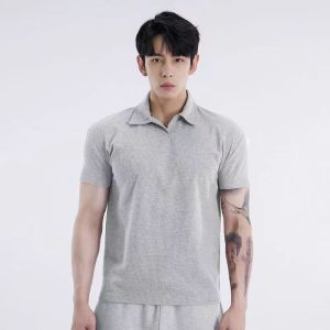 Summer Short Sleeve Polo Shirt Henry Collar Sport Fitness Mens T-shirt Elastic Breathable Casual Wear for Daily Use