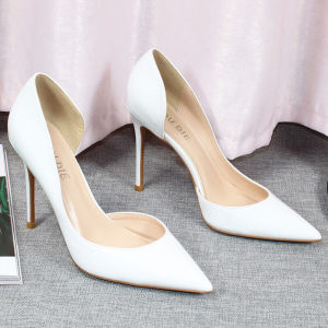 รองเท้าส้นสูงหัวแหลมแบบสวมหัวเปิดด้านข้างสีพื้นสำหรับผู้หญิง รองเท้าส้นเดี่ยวแฟชั่นฤดูร้อน รองเท้าหนัง PU รองเท้าทำงาน