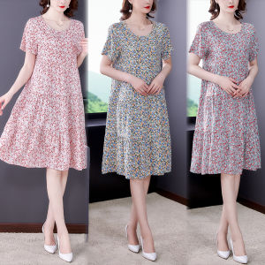 Summer Fashion Cotton Silk Dress Womens Loose Belly Covering Artificial Cotton Floral Midi Skirt Mommy Dresses Casual Style