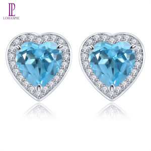 Lohaspie Jewelry Real 3.2 Carats Solid Sterling Silver 925 Stud Earring Natural Swiss Blue Topaz Garnet Earring Silver Earrings 925 Original Topaz Earring For Women Jewelry