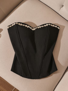 Sweet And Spicy Diamond Embedded Waist-Cinching Fishbone Strap Vest Womens One-Shoulder Exposing Clavicle Outerwear Short Bust Top