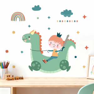 Decal giấy dán tường trẻ em bé cưỡi khủng long xanh Có keo sẵn - Trang trí phòng bé