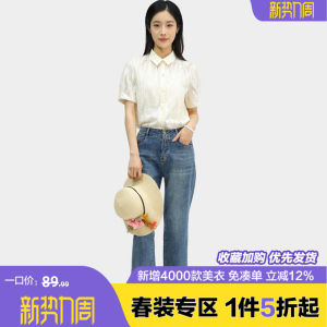 Artistic Style Lace Shirt Short Sleeve Turn-down Collar Layering Womens Fashion Spring Cotton Nylon Blend Straight Cut Top