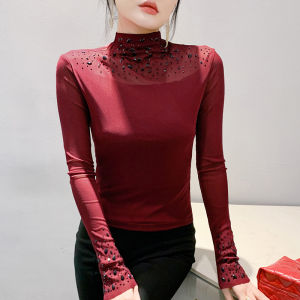 Rehin cao cấp châu Âu Rhinestone nửa-cao cổ lớp lót tay áo dài T-Shirt mùa thu độc đáo & phong cách bên trong của phụ nữ hàng đầu