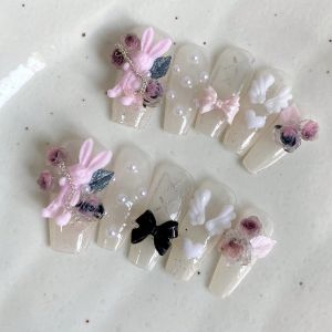 10 Chiếc Handmade Hình Quan Tài Móng Tay Nghệ Thuật Móng Tay Giả Thỏ Hồng Trong Suốt Đế Thích Hợp Cho Nữ Móng Tay Nghệ Thuật