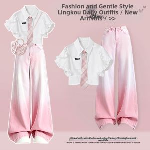 NUMEN BUTTON | Plus Size Minimalist Korean Style College Uniform T-Shirt and Jeans Combo