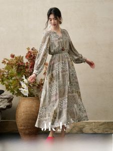 JK&JS | New Chinese Style Silk Linen Long Sleeve V-Neck Vintage Dress Womens Draping Sensation Lantern Sleeve Printed Standard Fit Dress