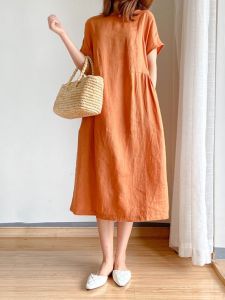 New Pure Cotton Artistic Short Sleeve Womens Dress Summer Loose plus Size Slimming Midi Skirt Casual round Neck Gown