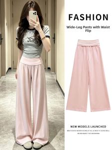 YISOF | Pink Flipped Waist Wide Leg Pants Women Slim High Waist Casual Trousers