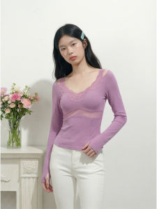 YUEZHONGWEI | French V-Neck Purple Long Sleeve Slim Fit Lace T-Shirt
