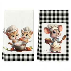2Pcs Cute Chef Cat and Mouse Plaid Kitchen Towels 40Cm*60Cm Towel Set Super Absorbent Soft Cleaning Cloth Cooking and Baking Tea Towel Hand Towel Cleaning Cloth Dishwashing Cloth Kitchen Decoration Living Room Decoration Kitchen Essentials H...