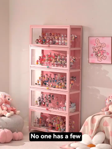 Pink 5Layers Cabinet 40-80cm Display Cabinet Acrylic Bamboo 3-Side Transparency Organizer Cabinet