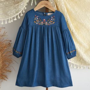 Bear Leader Autumn Fashion 3-7 Years Imitation Denim Flower Embroidery Dress Solid Color Long Sleeve Sweet Girls Casual Clothes