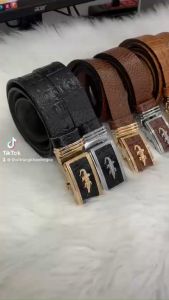 Thắt Lưng Da Bò Nguyên Miếng Cao Cấp Dập 1 Lớp Vân Cá Sấu Khóa Tự Động Màu Đen Mặt Gold