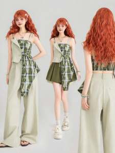 Keiko | Stylish Green Checkered Sleeveless Top for Summer Slim Fit Set of 2