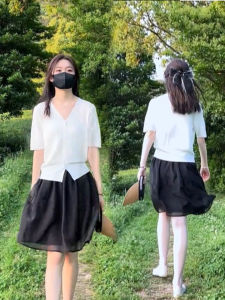V-Neck Ice Silk Knit Top Tulle Skirt Set