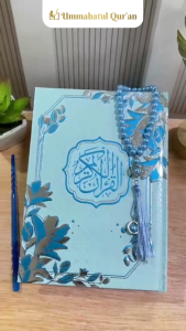 Quran Waqaf Ukuran A5 Emboss Flower 3D Timbul Desain Aesthetic Flower Emboss Biru Isi Blok Latin