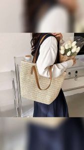 Baggie (Ready Stock) Women Straw Tote Bag Woven Rattan Summer Beach Square Niche Style Large Capacity Shoulder Hand Bag