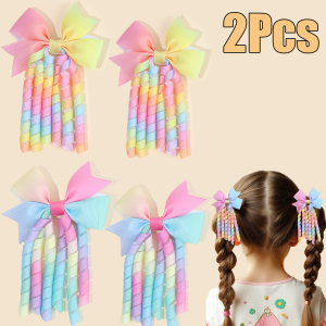2Pcs Ribbon-Tassel Hair Clips Popular Sweet Rainbow Curly Ribbon Double Ponytail Hairpin Baby Girl Hair Accessories For Children