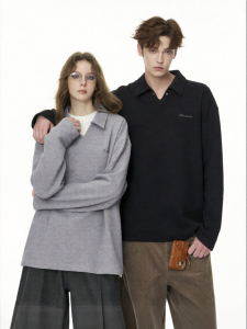 FORNINES | Embroidered Heavy Houndstooth Long Sleeve Polo Shirt for Couples