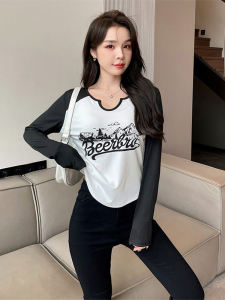 Spring 2024 Womens Retro Letter Print Long Sleeve T-Shirt Color Block Base Shirt Spicy Short Top Korean Style round Neck