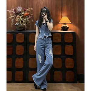 LIANGYILAILIN | Vintage Sleeveless Denim Suit