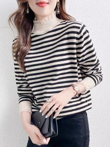 Retro Korean Style Womens Knitted Base Shirt Loose Fit High Neck Lace Trim Striped Slimming Loose Inner Wear Top