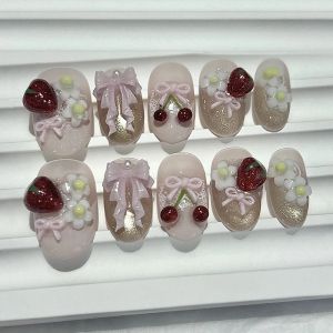 10Pcs Summer Cute Bow Short Almond Handmade Press On Nails 3D Flower Cherry Strawberry Cat Eye Fake Nails Removable Reusable
