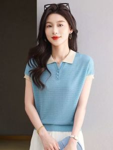 Áo Thun Polo Cổ Polo Tay Ngắn Mùa Hè Mỏng Thoáng Khí Bằng Lụa Băng Dệt Kim Cho Nữ Áo Thun Cổ Polo Màu Tương Phản