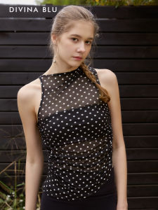 DIVINA BLU | Dotted Yoga Top Female Black Mesh Chest Pad