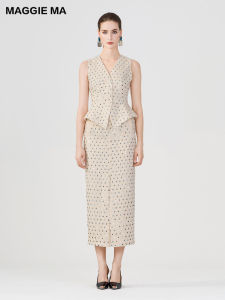 Beige Beaded Vest and Skirt Set