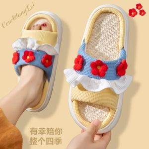 Dép Vải Lanh Thoáng Khí Mùa Xuân Hè Thu Phong Cách Ngọt Ngào Cho Cặp Đôi Đi Trong Nhà Dép Nữ Đế Dày Chống Mùi PVC