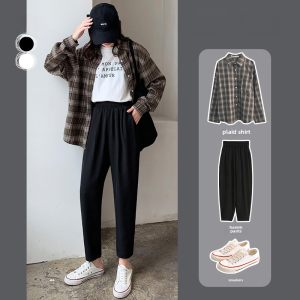 plus Size Womens Harem Pants High Waist Slimming Cucumber Pants Casual Nine-Piece Student Summer Fashion Commute Thickened Pocket