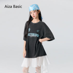 Aiza basic | Retro Washed Color-block Loose T-Shirt Dress