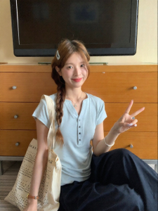 imimtuan | V-Neck Color Contrast Button Placket Henry Shirt Womens Top