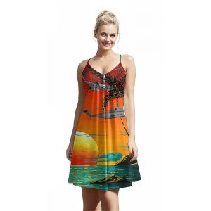 Jumeast Airplane Pattern Women Fashion Button Sling Dress Palm Tree 3D Printed Beach Elegant Skirt Tropical Hawaiian Casual Clothing