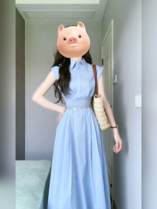 Xzy Plus Size Ladies French Style Temperament Blue Shirt Sleeveless Dress Womens Summer Fancy Waist-Slimming Long Dress