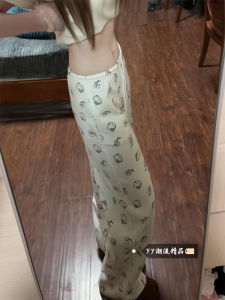 กางเกงขายาวทรงหลวมพิมพ์ลายแมวคิตตี้สำหรับผู้หญิง กางเกงขายาวทรงตรงลำลองฤดูหนาว ทรงหลวม ทรงตรง กางเกงขายาวทรงตรง