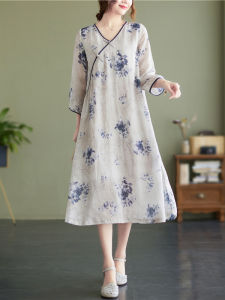 Cotton and Linen Cheongsam Dress Womens Summer Plus Size Ladies Retro Print plus Size Mid-Length Dress Modified Linen A- line Skirt Thin
