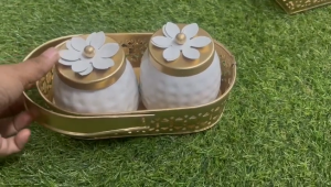 Metal Storage Jar & Basket Set of 3 | Decorative Kitchen Containers with Gold Lids & Floral Design | Multipurpose Home Storage Décor