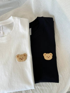 เสื้อยืดแขนสั้นผ้าฝ้ายแท้สไตล์ญี่ปุ่นย้อนยุค ทรงหลวม สำหรับผู้หญิงในช่วงฤดูร้อน เสื้อตัวบนสไตล์ฮ่องกง ปักลายหมีน่ารัก