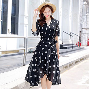 Womens dress with polka dot design short sleeves V-neck slim fit waist-cinched long skirt chiffon skirt