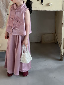 New Chinese Style Childrens Summer Outfit with Button Back Vest And Wide Leg Pants Girls Fashionable Two Piece Set High Quality