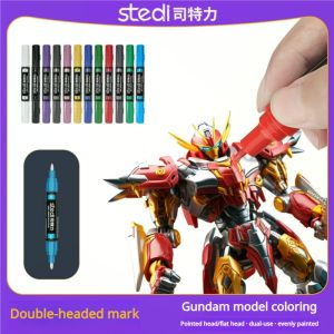 12pcs Stedi Dual Brush Water Based Marker Pen Set Pointed Flat Tips for GK Mecha DIY Model Making Tool Nylon Paint Coloring Pens Kit