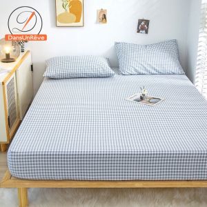 Dansunreve Fitted Bedsheet Simple Lattice/grid Design Mattress Protector Bedsheets Pillowcase Fitted Bed Sheet Super Single Queen King Size