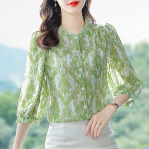 Floral Print Chiffon Shirt Womens Summer Fashionable Short Sleeve Moms Top Korean Style Stand Collar Seven Quarter Sleeve Blouse