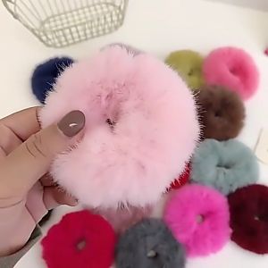 SK-C877 Ikat Rambut Bulu Pompom Polos Elastis Scrunchie Ponytail Ikat Rambut Anak Perempuan