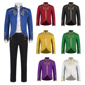 แจ็กเก็ตแฟชั่นคอปกตั้งสำหรับฮาโลวีนสีขาวสำหรับผู้ชายใหม่2025เสื้อแจ็คเก็ตกีฬาสีม่วงในศาลเจ้าชายยุคกลางเสื้อสูทปักลายทอง